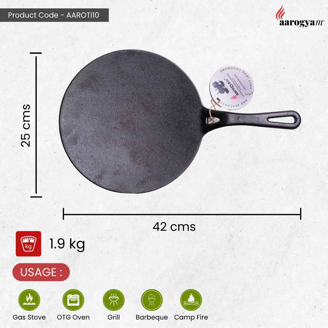 Black frying pan with dimensions and weight on a white background, featuring the Aarogya brand.