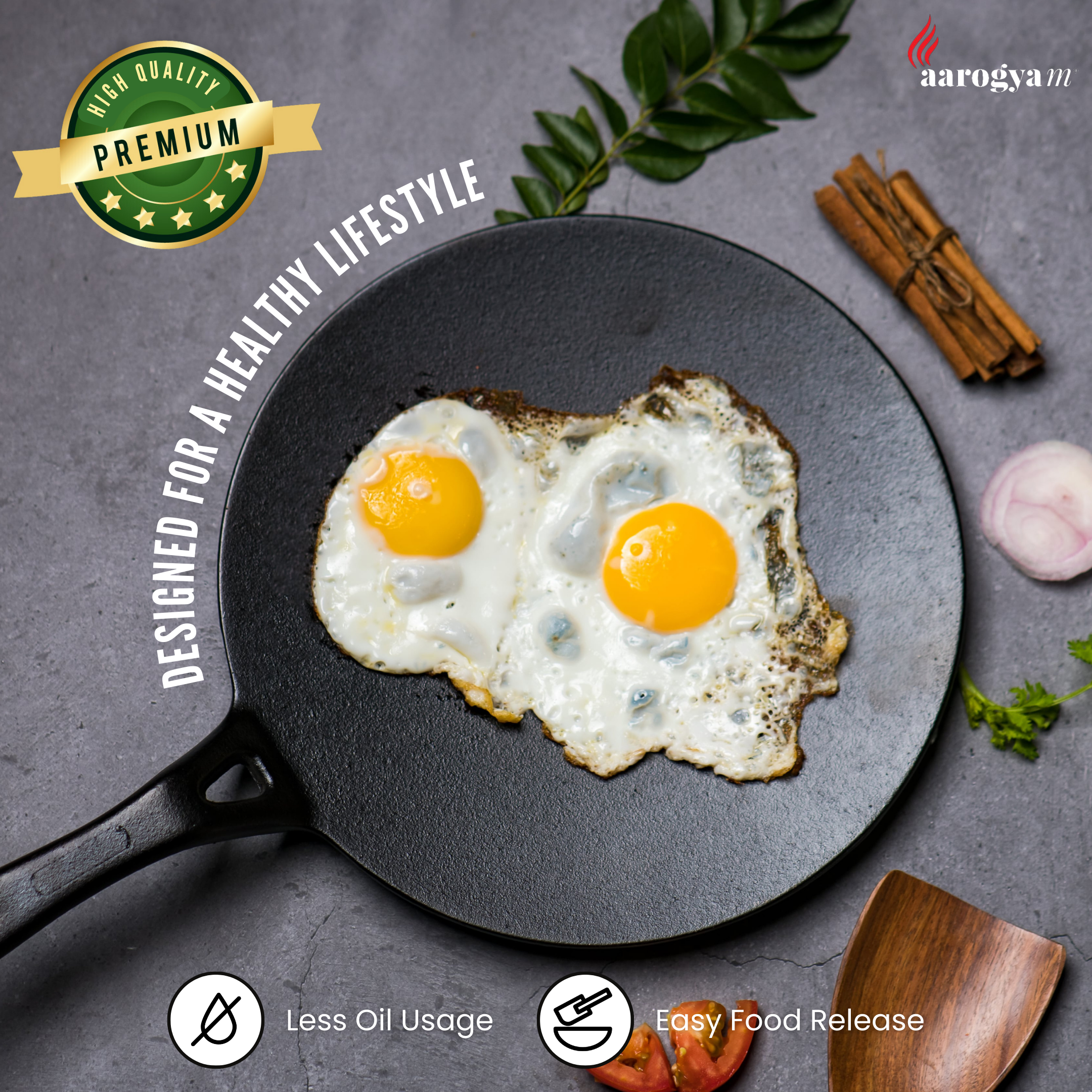 Fried eggs on a pan with cooking ingredients and branding text on a gray background