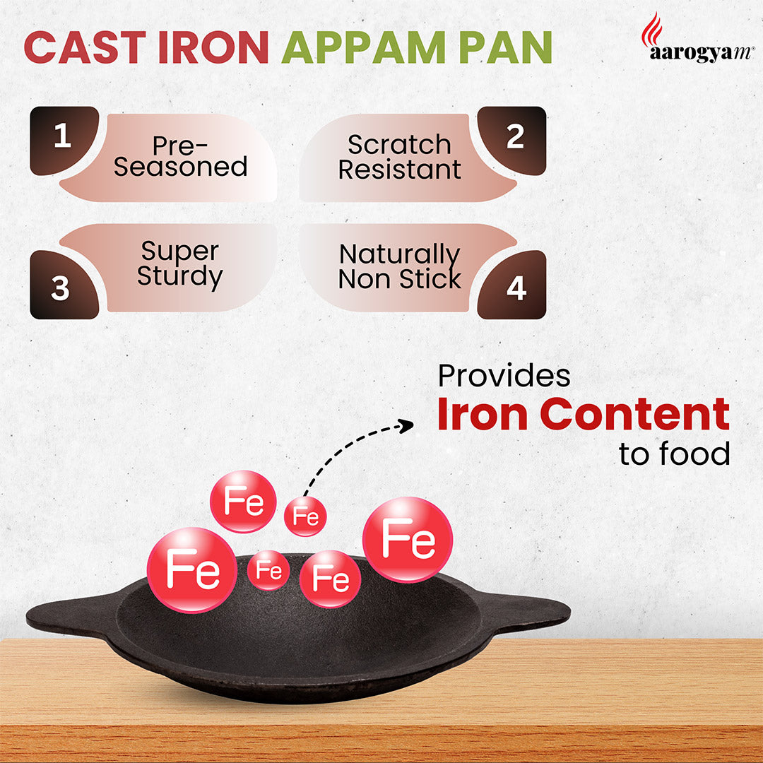 Aarogyam 8" Pre-seasoned Cast Iron Appam Pan - Rough, Naturally Nonstick