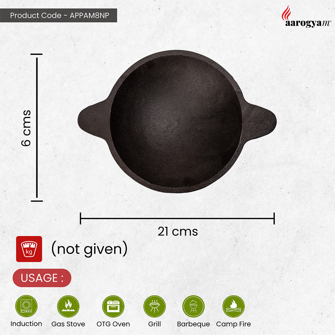 Aarogyam 8" Pre-seasoned Cast Iron Appam Pan - Rough, Naturally Nonstick