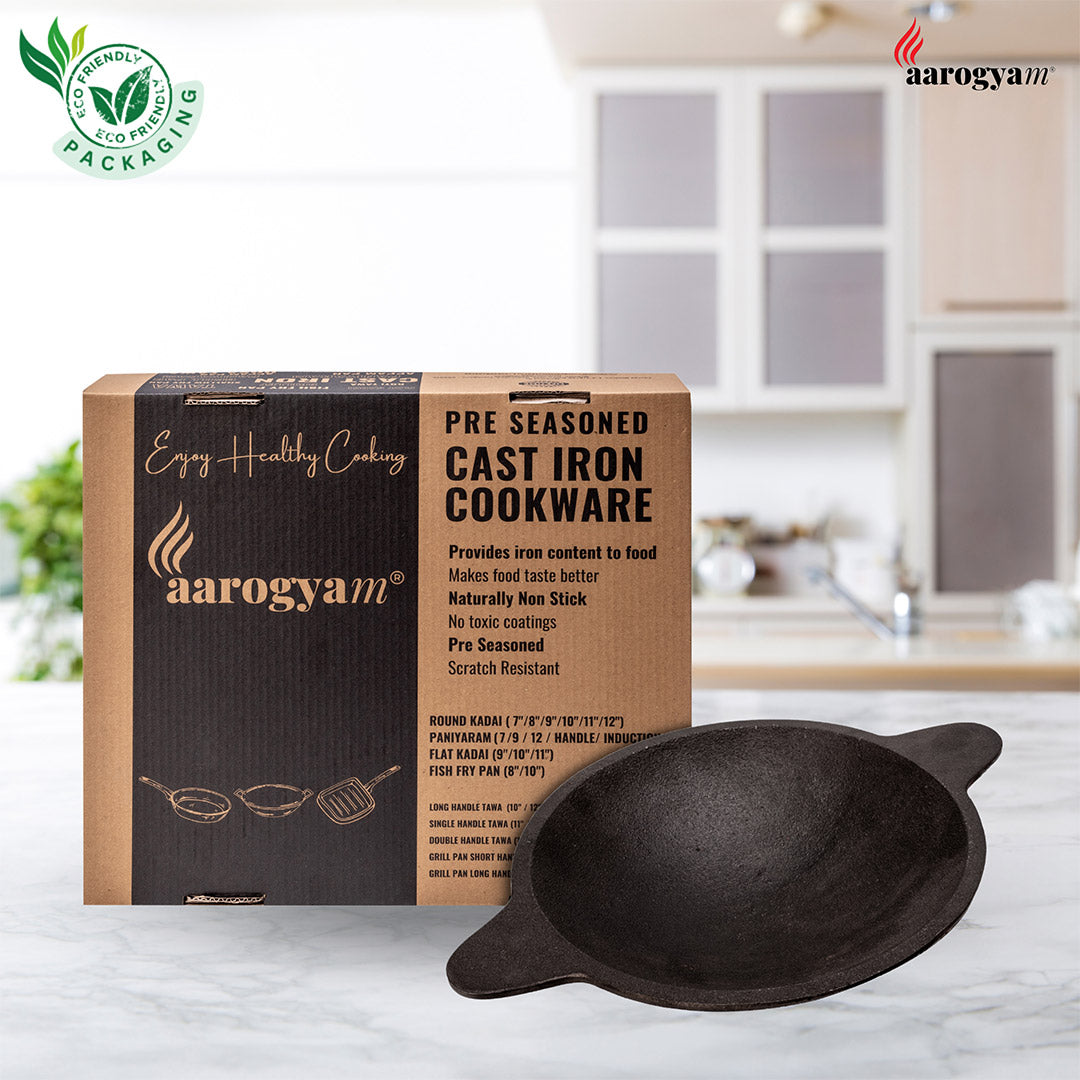 Aarogyam 8" Pre-seasoned Cast Iron Appam Pan - Rough, Naturally Nonstick