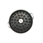 Black round waffle maker with handle on a white background