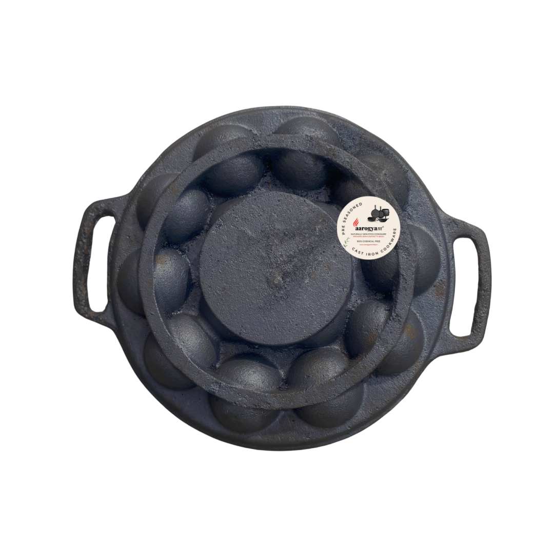 aarogyam cast iron paniyaram pan back side 14 pits