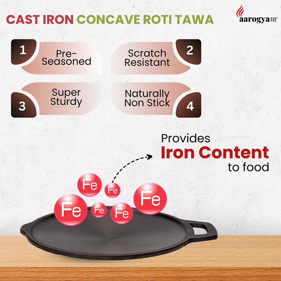 Cast iron concave roti tawa with features listed on a white background