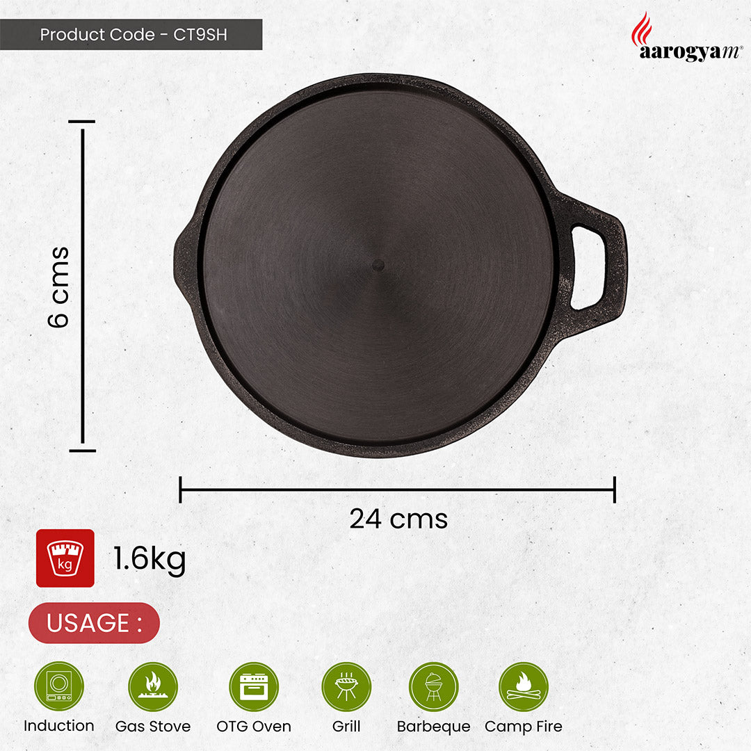 Black cast iron skillet with dimensions and usage information on a white background