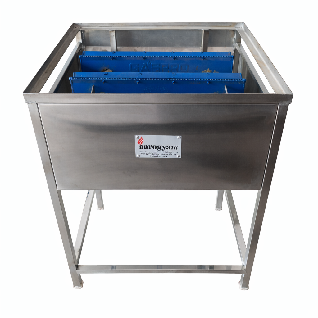 Stainless steel bin with blue interior and visible brand label on a white background