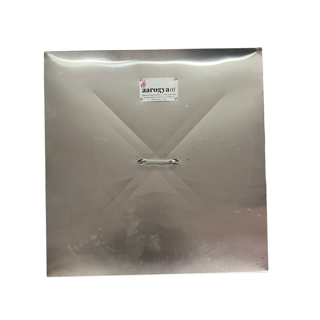 Stainless steel sheet with 'aarogya' label on a white background