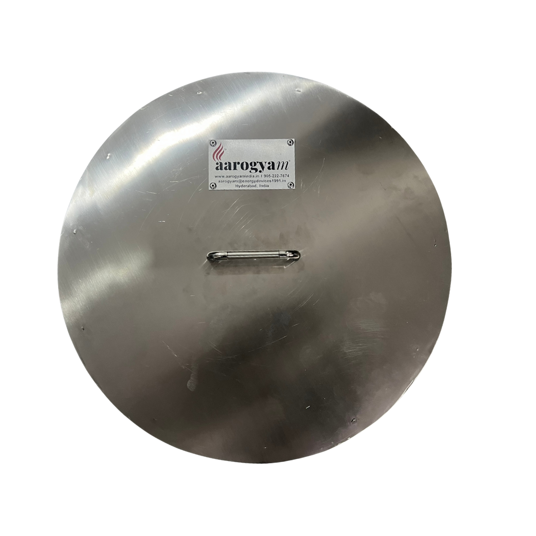 Stainless steel pot lid with aarogya logo on a white background