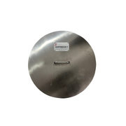 Stainless steel lid with a visible brand label on a white background
