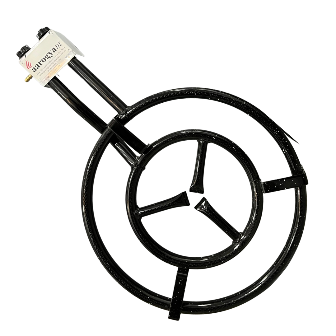 Black stove burner grate with a brand label on a white background