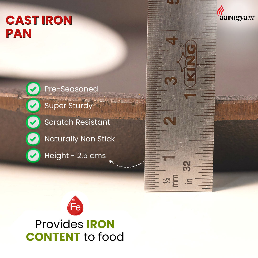 Aarogyam 10 Inch Induction Friendly Pre-seasoned Cast Iron Fish Fry Pan, Rough Mulbagal Dosa Tawa, Naturally Nonstick, Induction Friendly