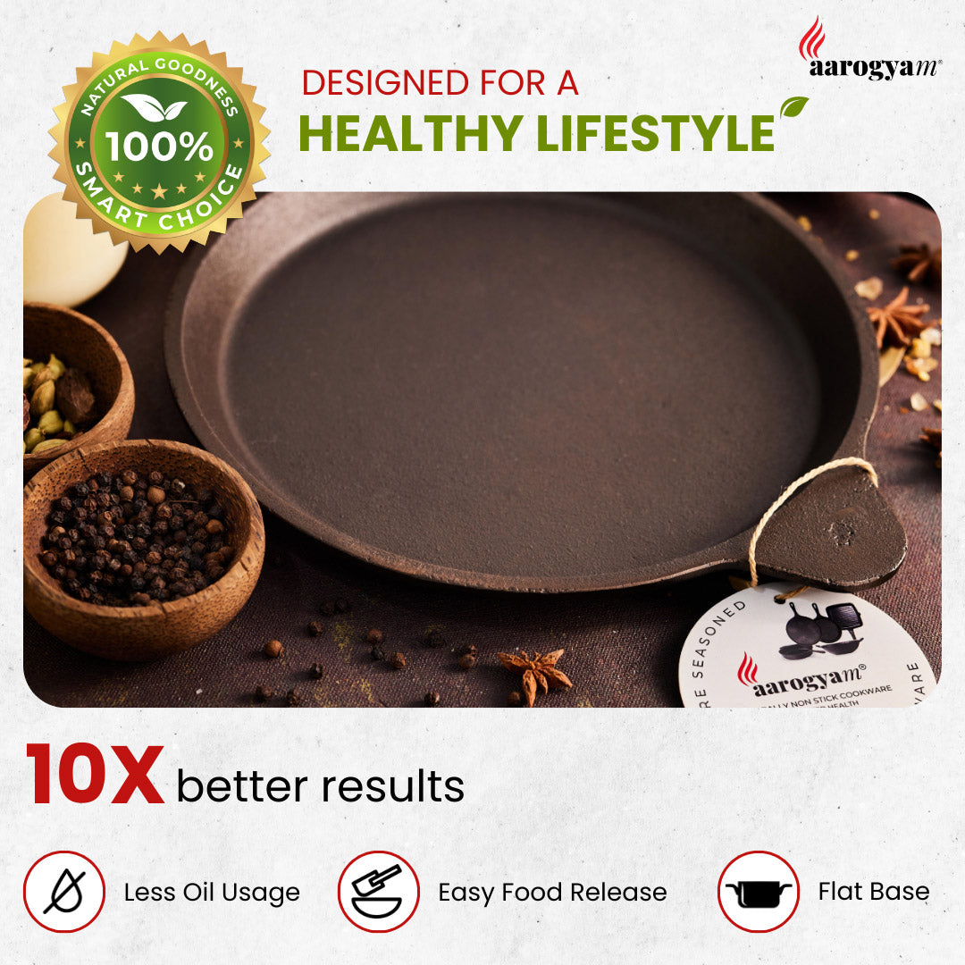 Aarogyam 10 Inch Induction Friendly Pre-seasoned Cast Iron Fish Fry Pan, Rough Mulbagal Dosa Tawa, Naturally Nonstick, Induction Friendly