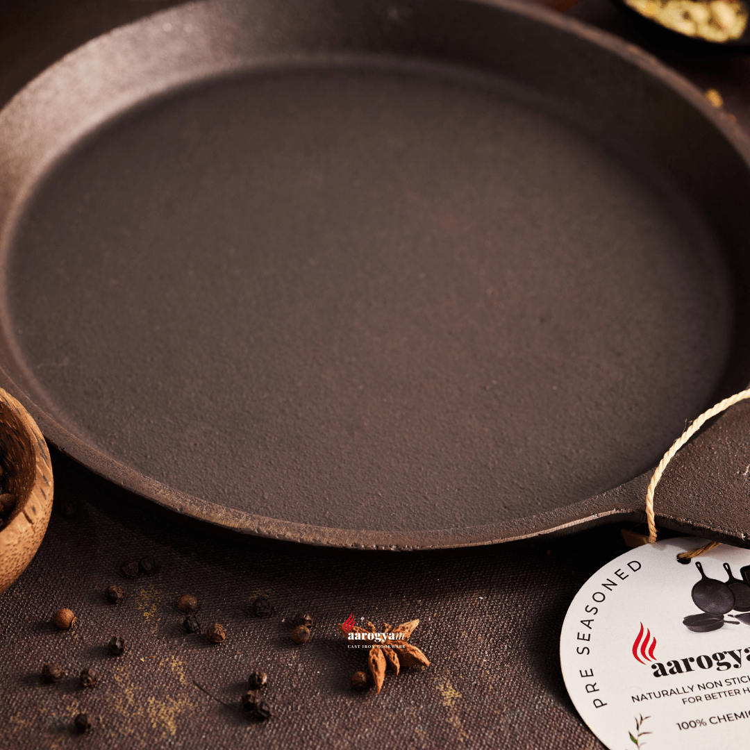 Aarogyam 10 Inch Induction Friendly Pre-seasoned Cast Iron Fish Fry Pan, Rough Mulbagal Dosa Tawa, Naturally Nonstick, Induction Friendly