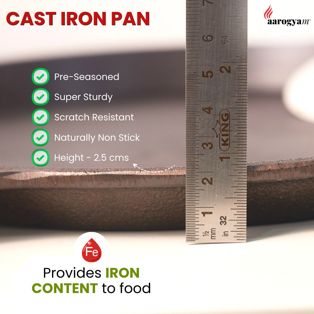 Aarogyam 10 Inch Induction Friendly Pre-seasoned Cast Iron Fish Fry Pan, Mulbagal Dosa Tawa, Naturally Nonstick, Induction Friendly