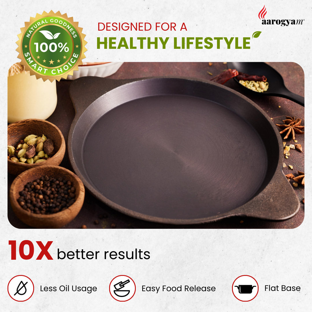 Aarogyam 10 Inch Induction Friendly Pre-seasoned Cast Iron Fish Fry Pan, Mulbagal Dosa Tawa, Naturally Nonstick, Induction Friendly