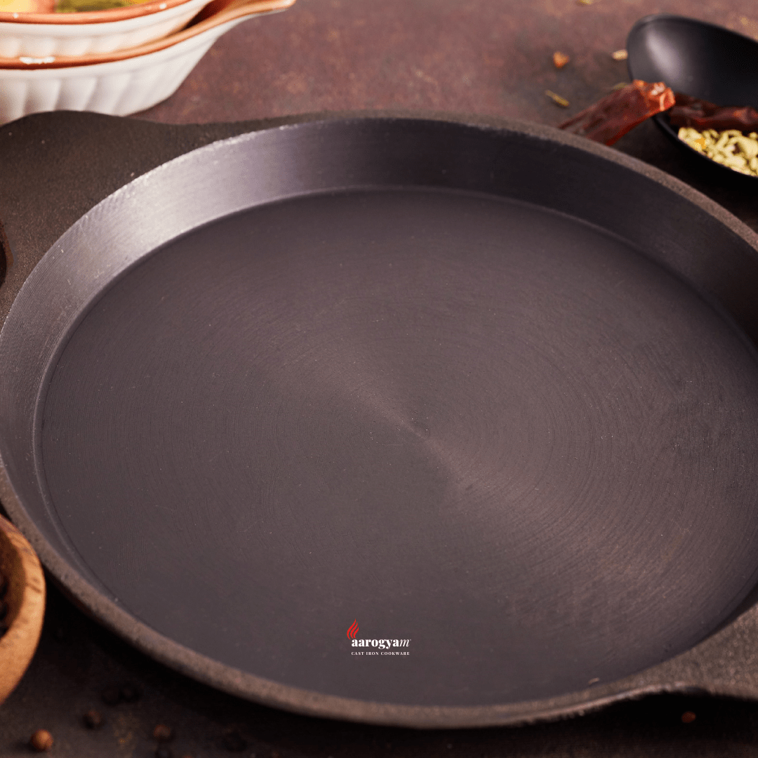 Aarogyam 10 Inch Induction Friendly Pre-seasoned Cast Iron Fish Fry Pan, Mulbagal Dosa Tawa, Naturally Nonstick, Induction Friendly