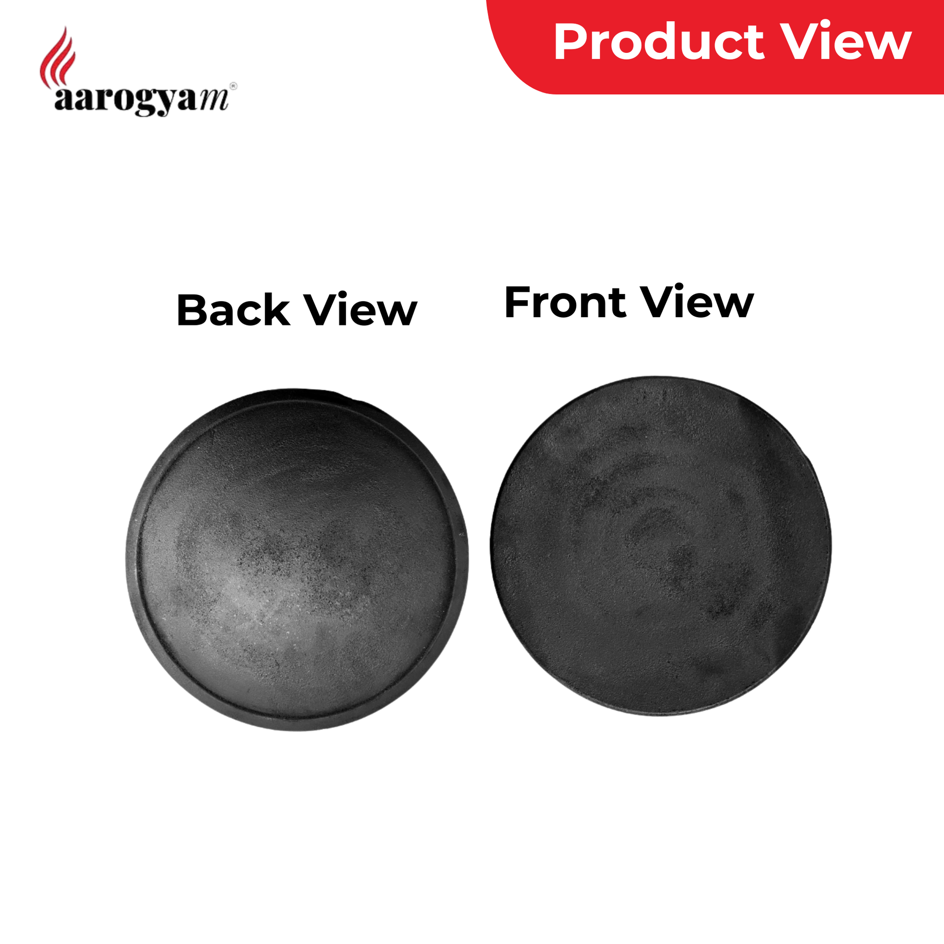 Black circular product shown from back and front views on a white background with 'aarogya' branding.