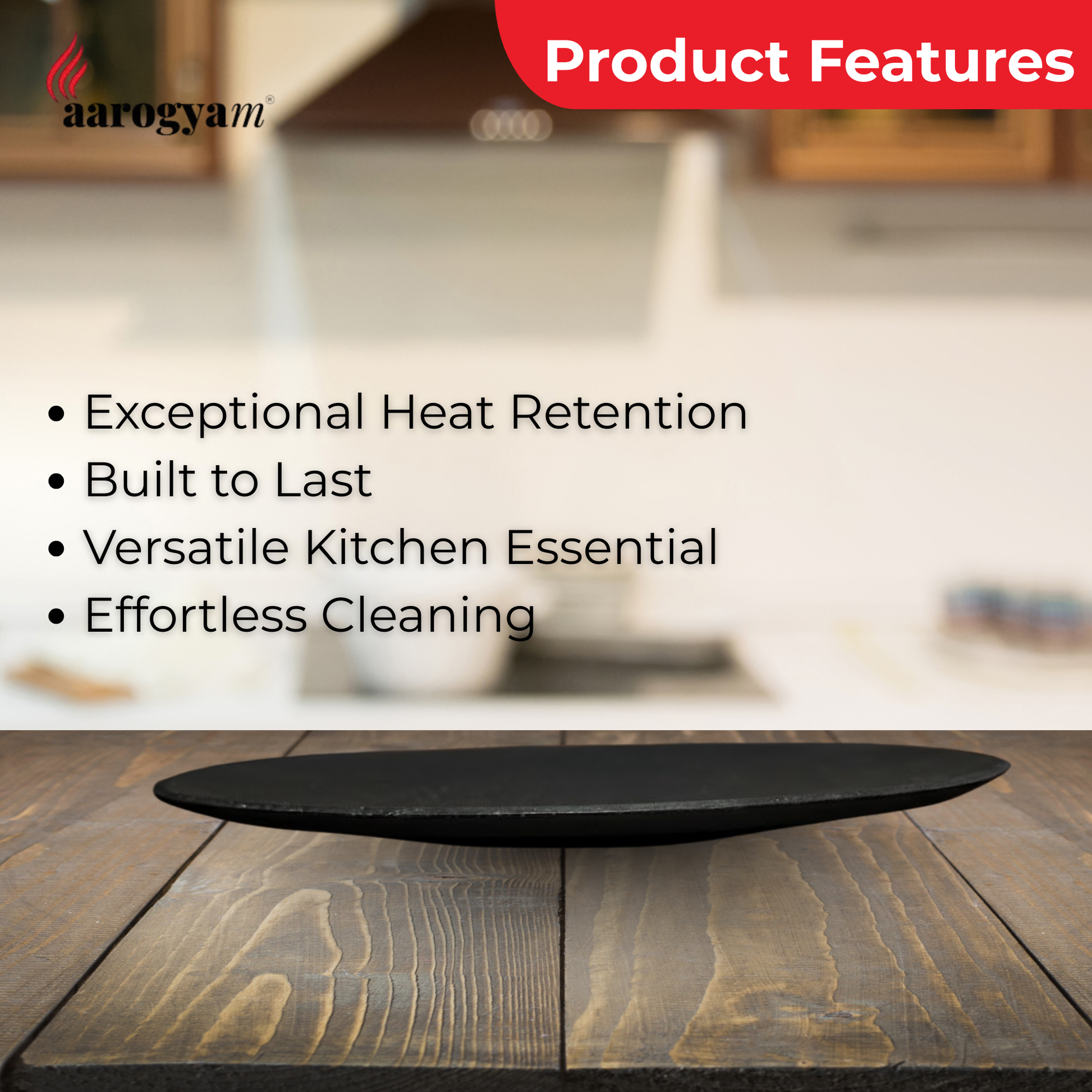 Black cookware on a wooden surface with 'aarogyam' branding and product features listed.