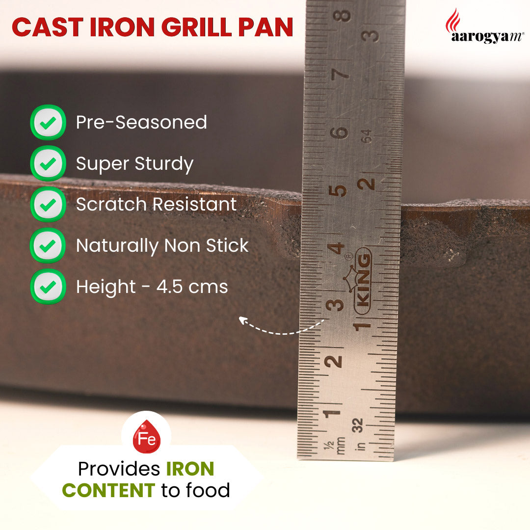 Aarogyam 10 Inch Induction Friendly Pre-seasoned Cast Iron Grill Pan with Long Handle, Naturally Nonstick, Induction Friendly