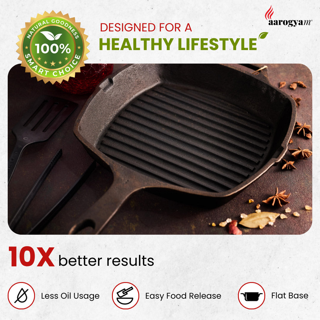 Aarogyam 10 Inch Induction Friendly Pre-seasoned Cast Iron Grill Pan with Long Handle, Naturally Nonstick, Induction Friendly