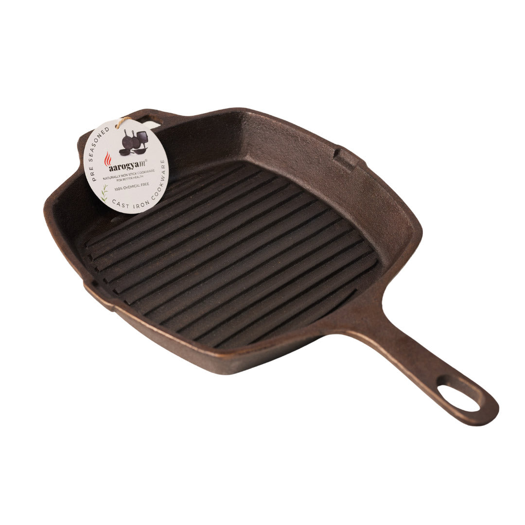 Aarogyam 10" Pre-seasoned Cast Iron Grill Pan with Long Handle, Naturally Nonstick, Induction Friendly