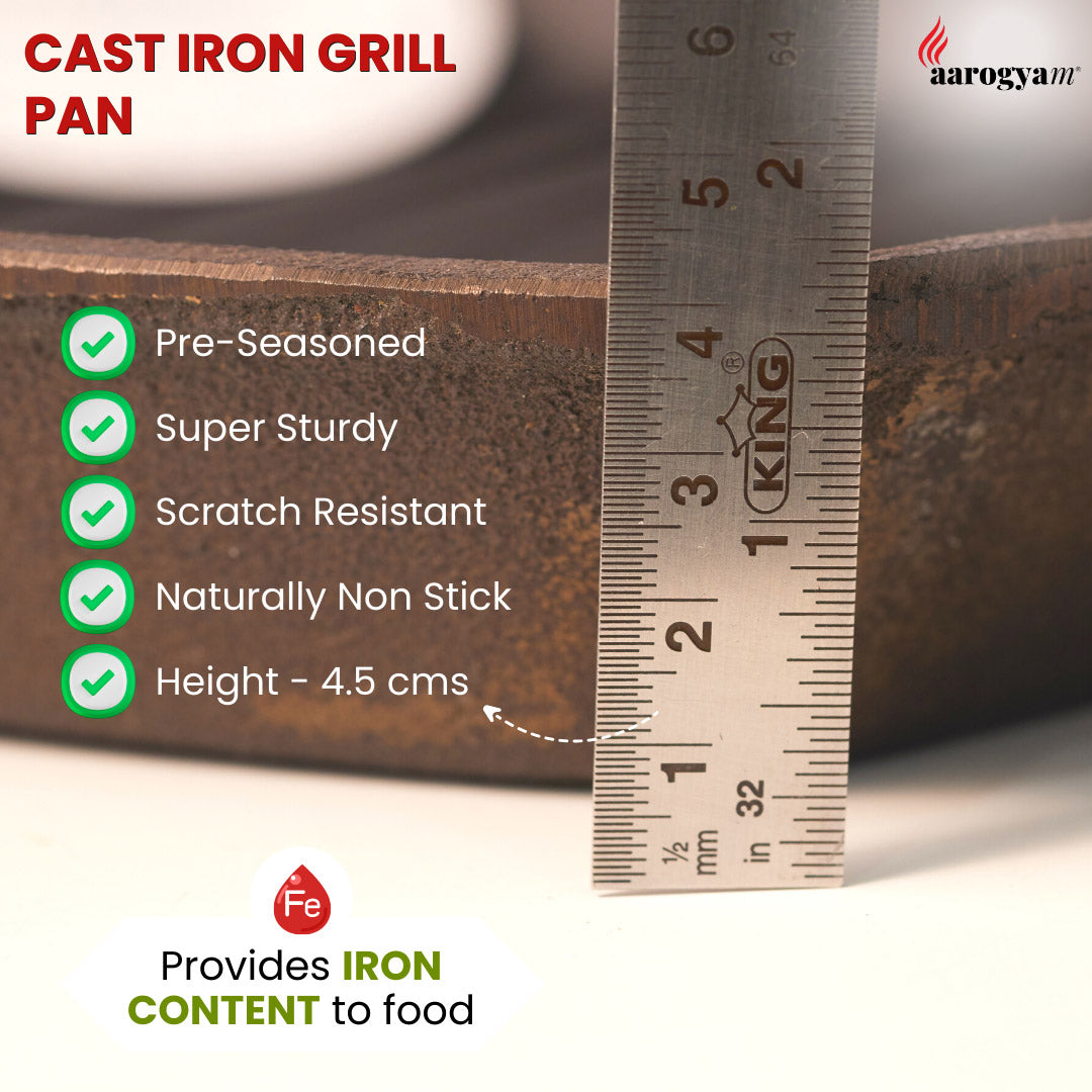 Aarogyam 10 Inch Induction Friendly Pre-seasoned Cast Iron Grill Pan with 2 Short Handles, Naturally Nonstick, Induction Friendly
