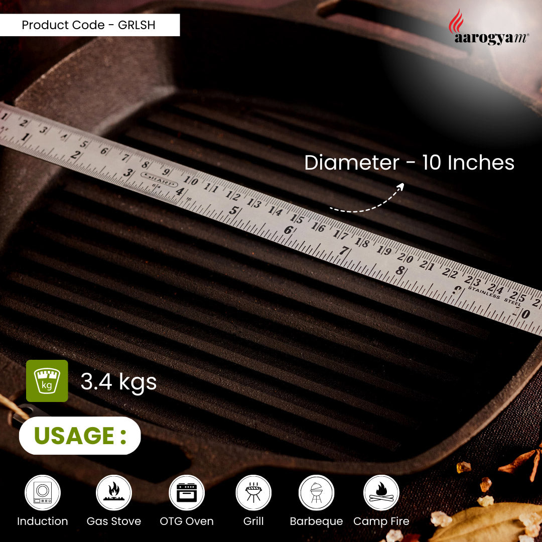 Aarogyam 10 Inch Induction Friendly Pre-seasoned Cast Iron Grill Pan with 2 Short Handles, Naturally Nonstick, Induction Friendly