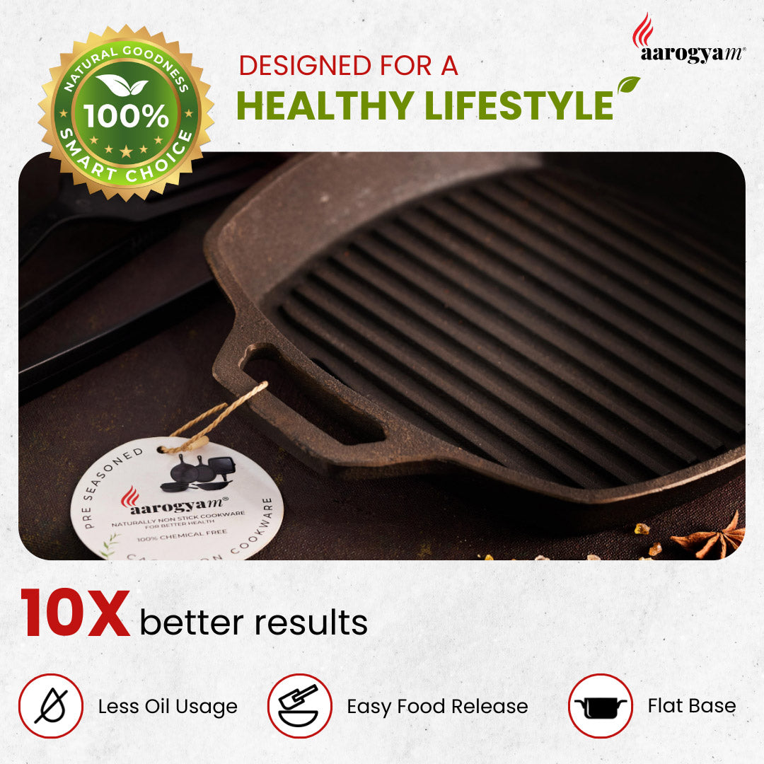 Aarogyam 10 Inch Induction Friendly Pre-seasoned Cast Iron Grill Pan with 2 Short Handles, Naturally Nonstick, Induction Friendly