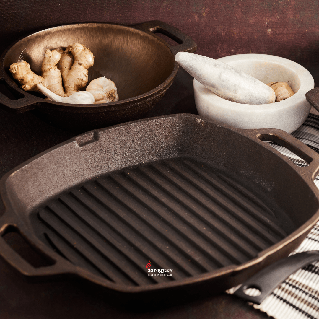 Aarogyam 10" Pre-seasoned Cast Iron Grill Pan with 2 Short Handles, Naturally Nonstick, Induction Friendly