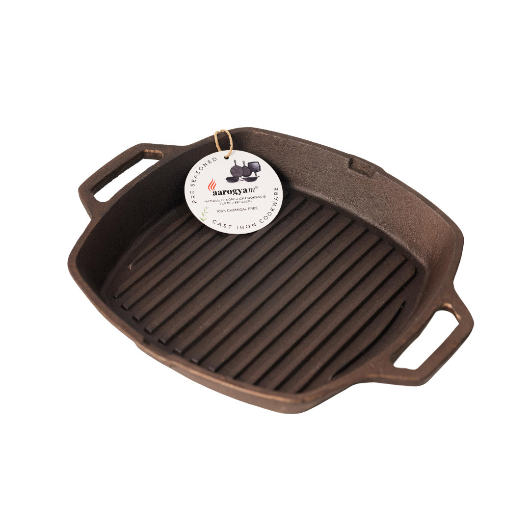 Aarogyam 10" Pre-seasoned Cast Iron Grill Pan with 2 Short Handles, Naturally Nonstick, Induction Friendly