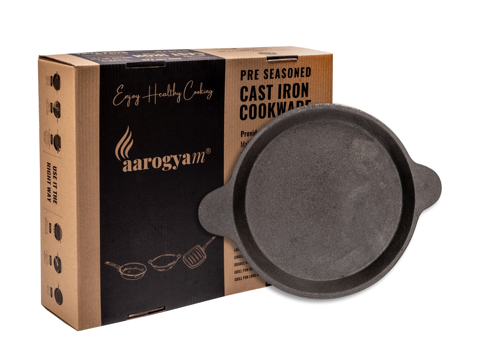 Pre-seasoned cast iron cookware with Aarogyan packaging on a white background