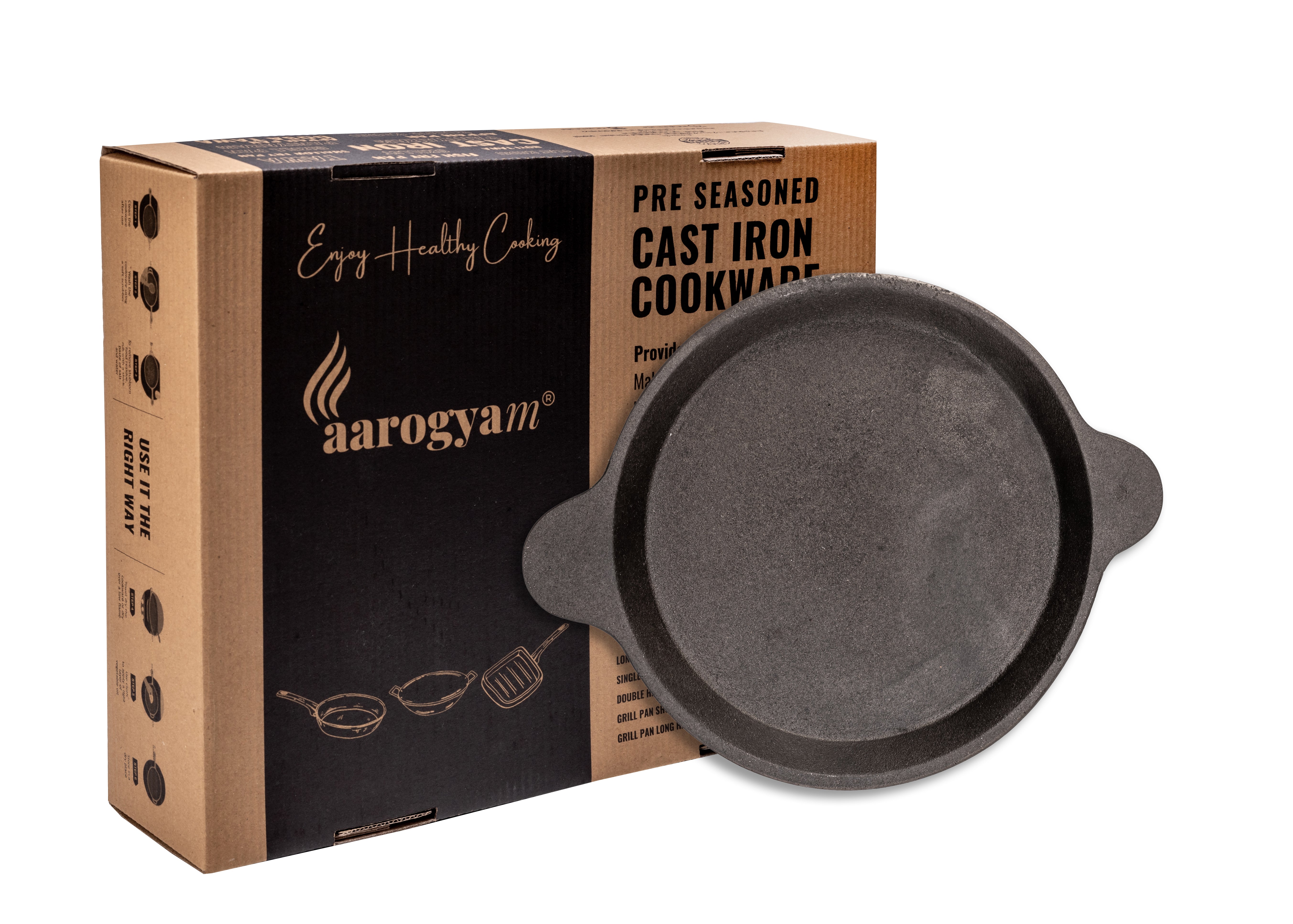 Pre-seasoned cast iron cookware with Aarogyan packaging on a white background