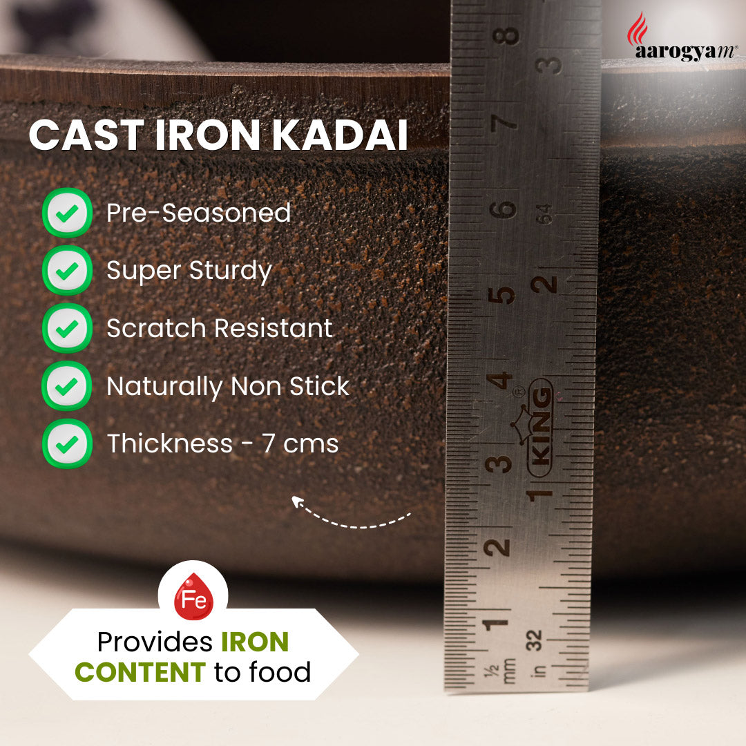 Aarogyam 10 Inch Induction Friendly Pre-seasoned Cast Iron Flat Kadai, Naturally Nonstick, Induction Friendly