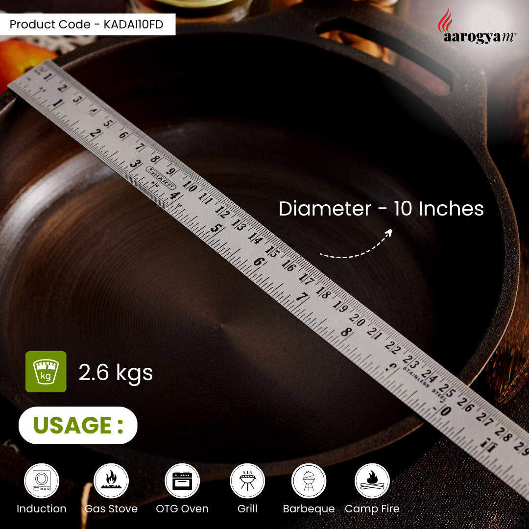 Aarogyam 10 Inch Induction Friendly Pre-seasoned Cast Iron Flat Kadai, Naturally Nonstick, Induction Friendly