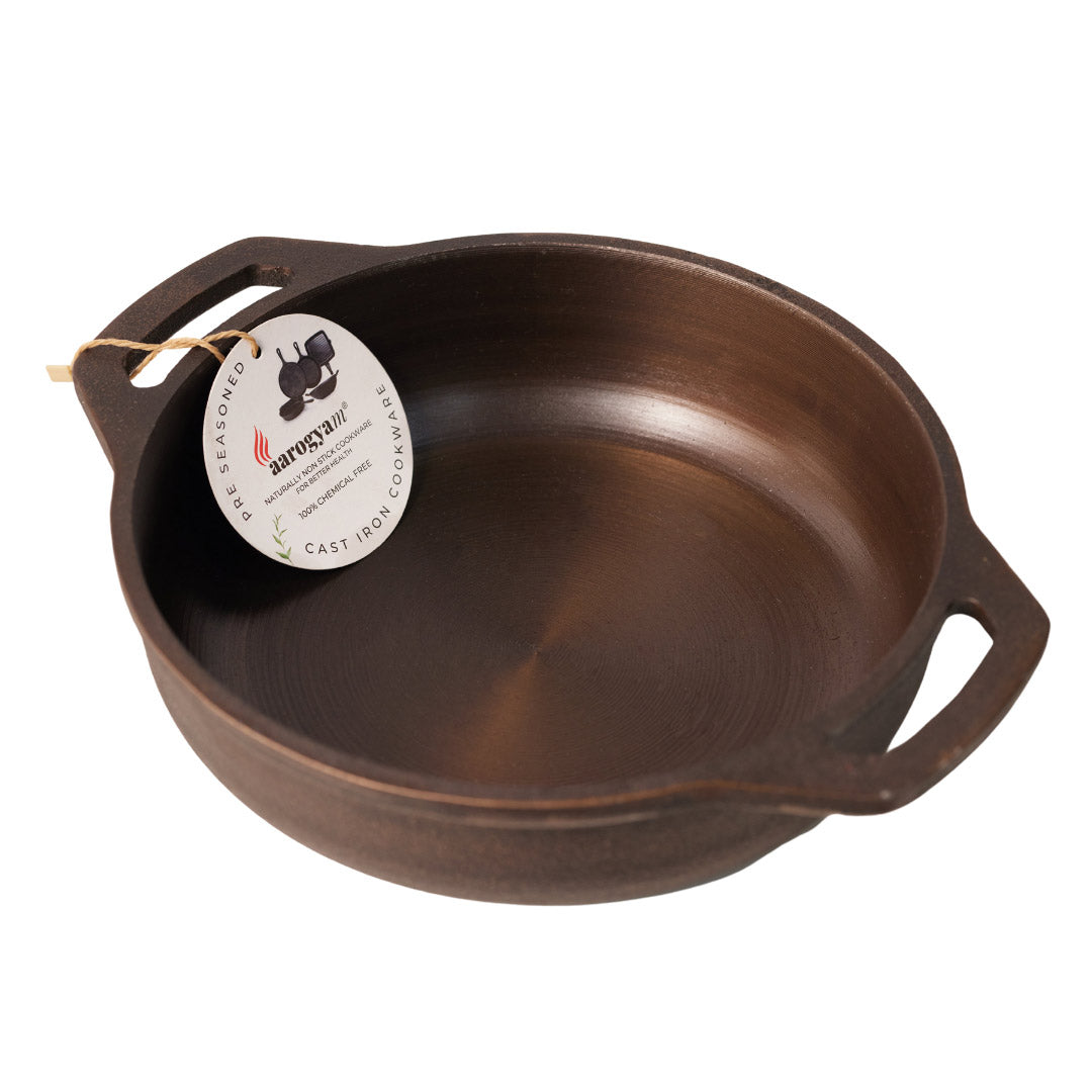 Aarogyam 10" Pre-seasoned Cast Iron Flat Kadai, Naturally Nonstick, Induction Friendly