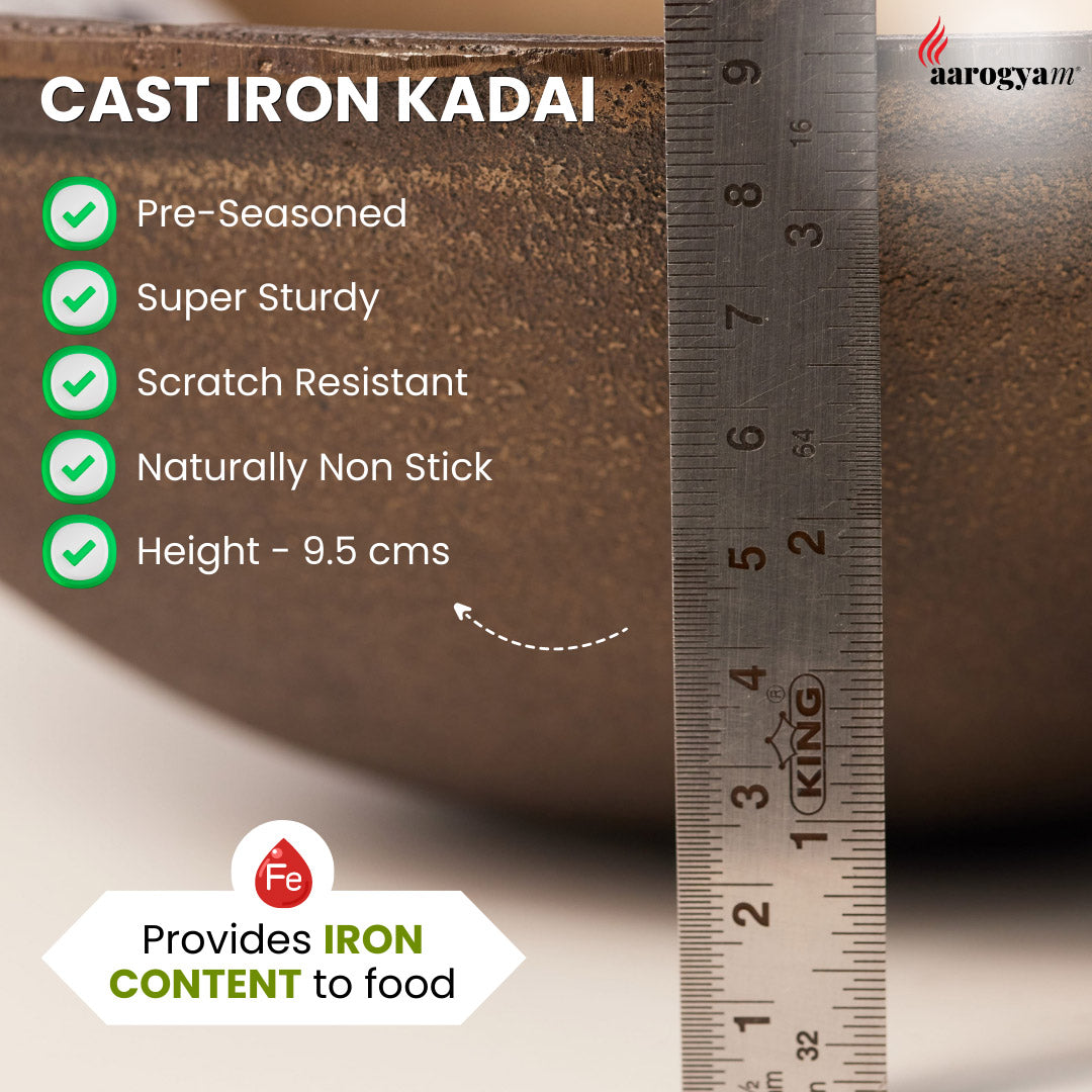 Cast iron kadai with measurement details and features listed