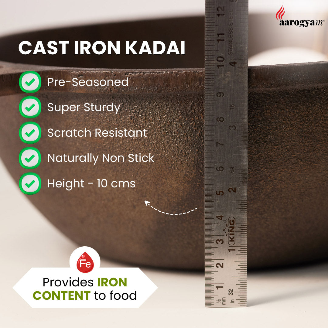 Aarogyam 10" Pre-seasoned Cast Iron Deep Round Kadai, Naturally Nonstick, Induction Friendly