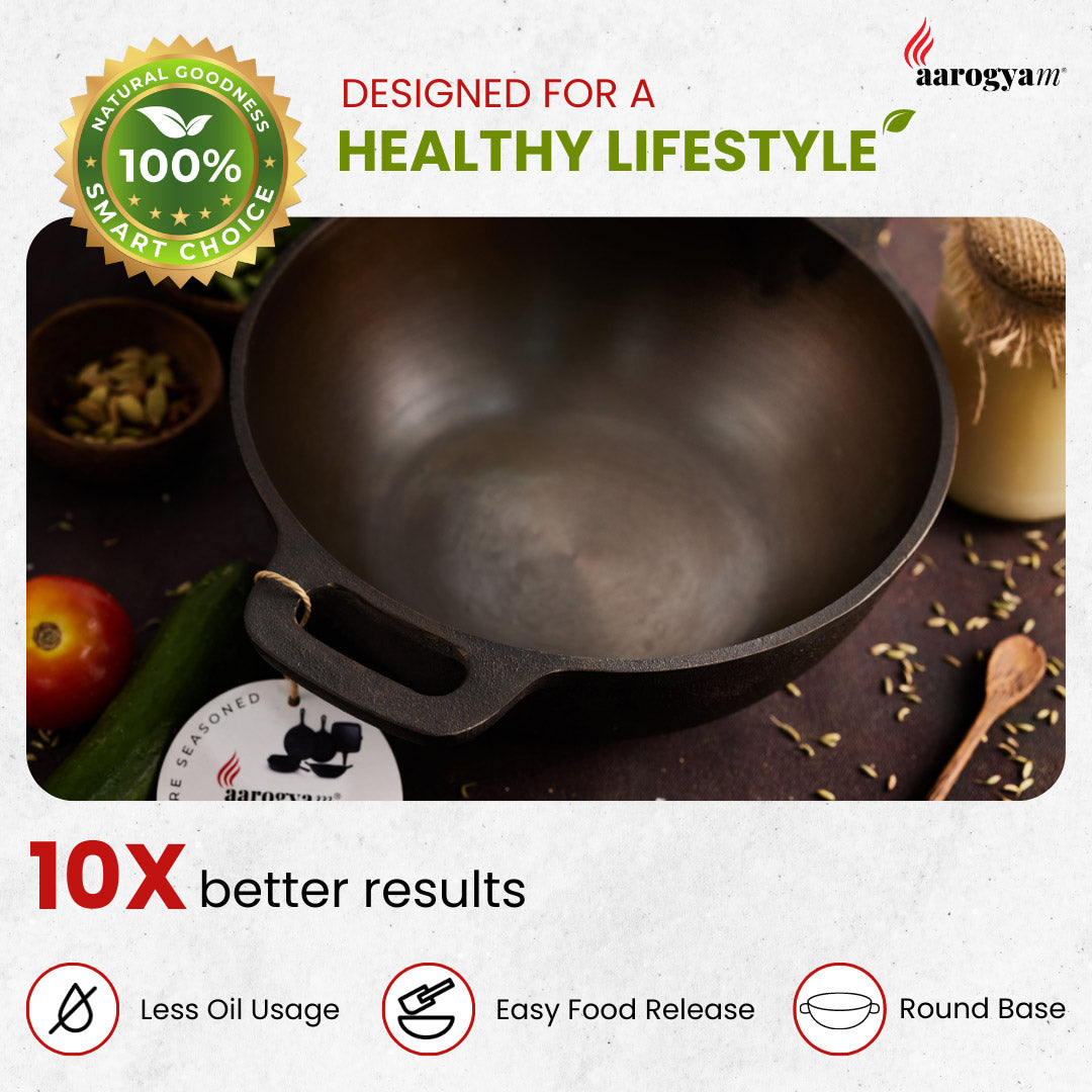 Aarogyam 10" Pre-seasoned Cast Iron Deep Round Kadai, Naturally Nonstick, Induction Friendly