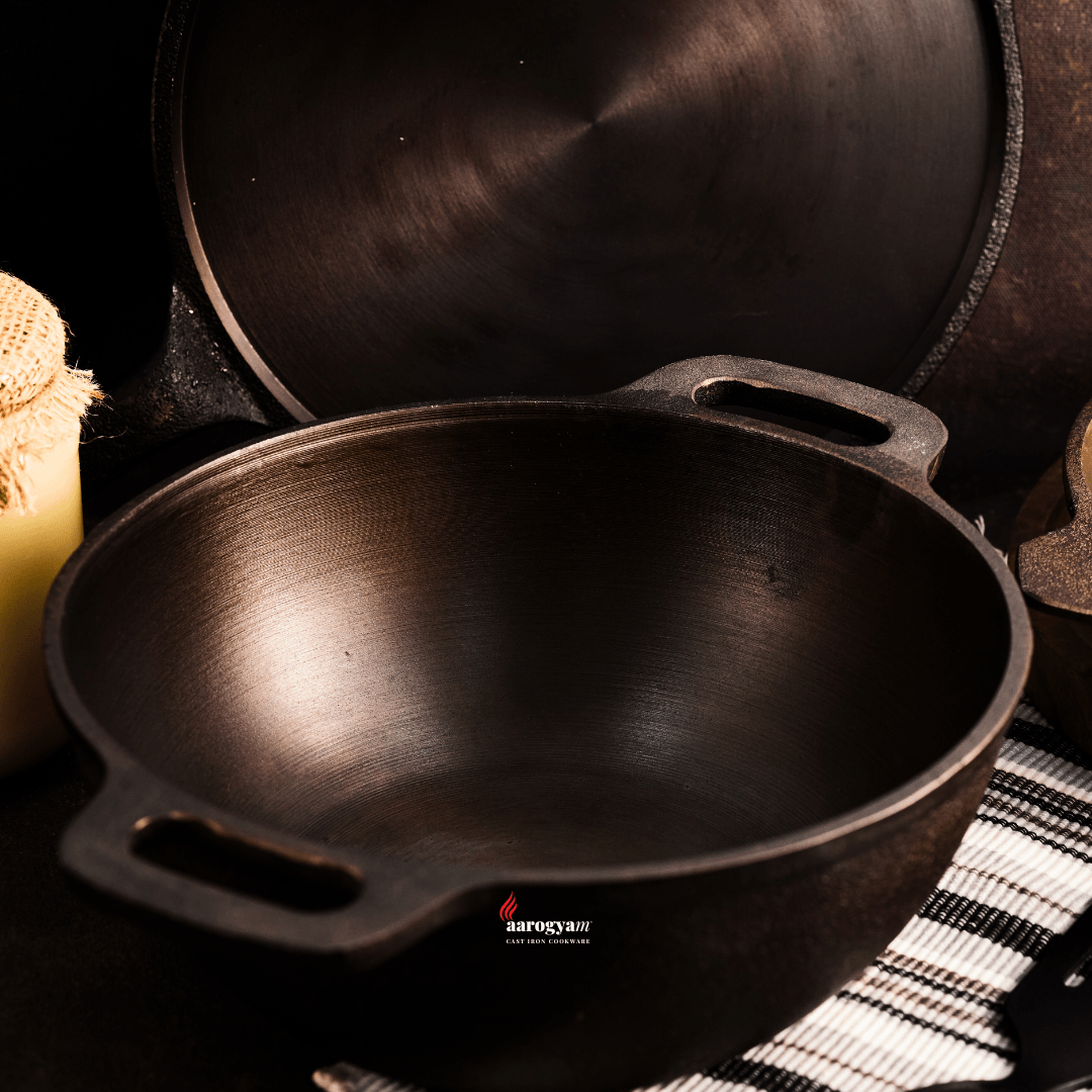 Aarogyam 10" Pre-seasoned Cast Iron Deep Round Kadai, Naturally Nonstick, Induction Friendly