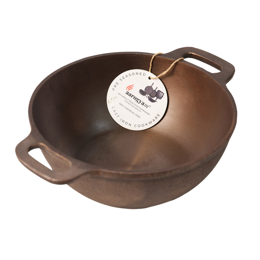 Aarogyam 10" Pre-seasoned Cast Iron Deep Round Kadai, Naturally Nonstick, Induction Friendly