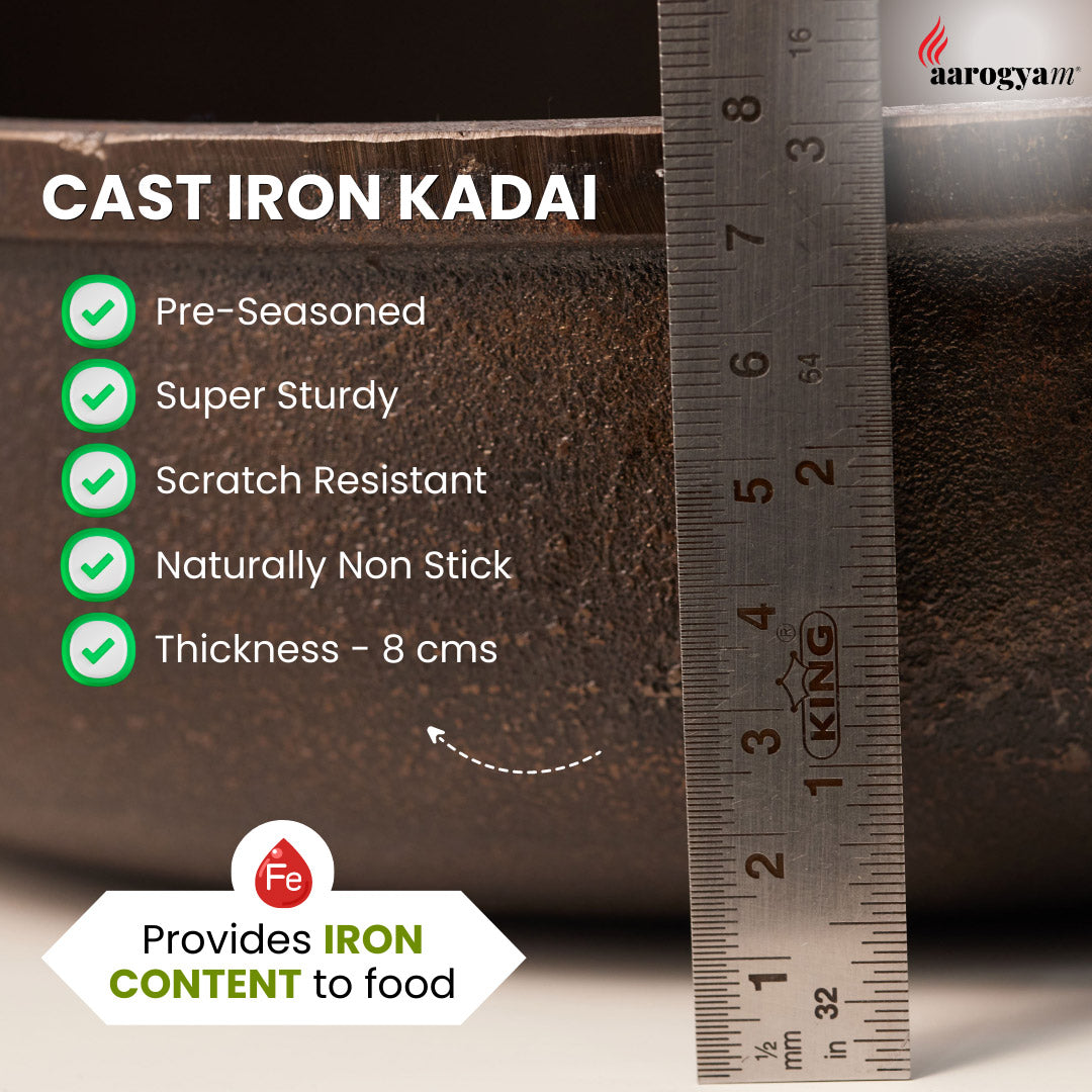 Aarogyam 11 Inch Induction Friendly Pre-seasoned Cast Iron Flat Kadai, Naturally Nonstick, Induction Friendly