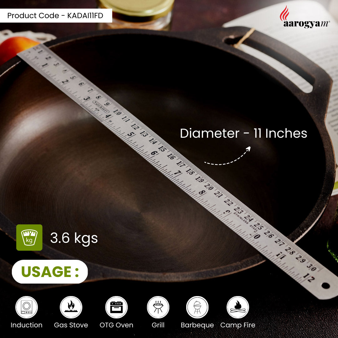 Aarogyam 11 Inch Induction Friendly Pre-seasoned Cast Iron Flat Kadai, Naturally Nonstick, Induction Friendly