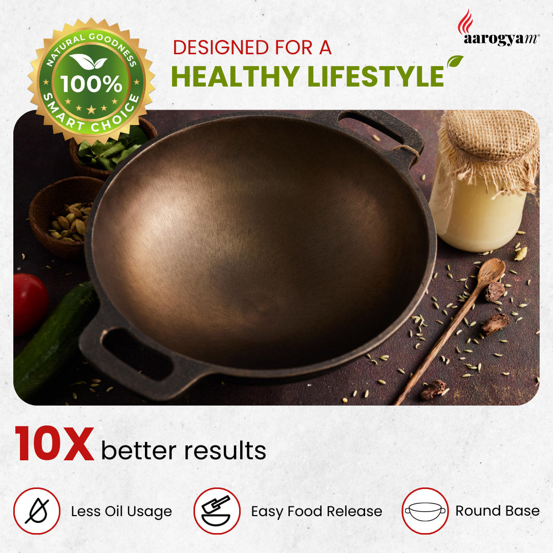 Cast iron cookware with health benefits and Aarogya brand logo