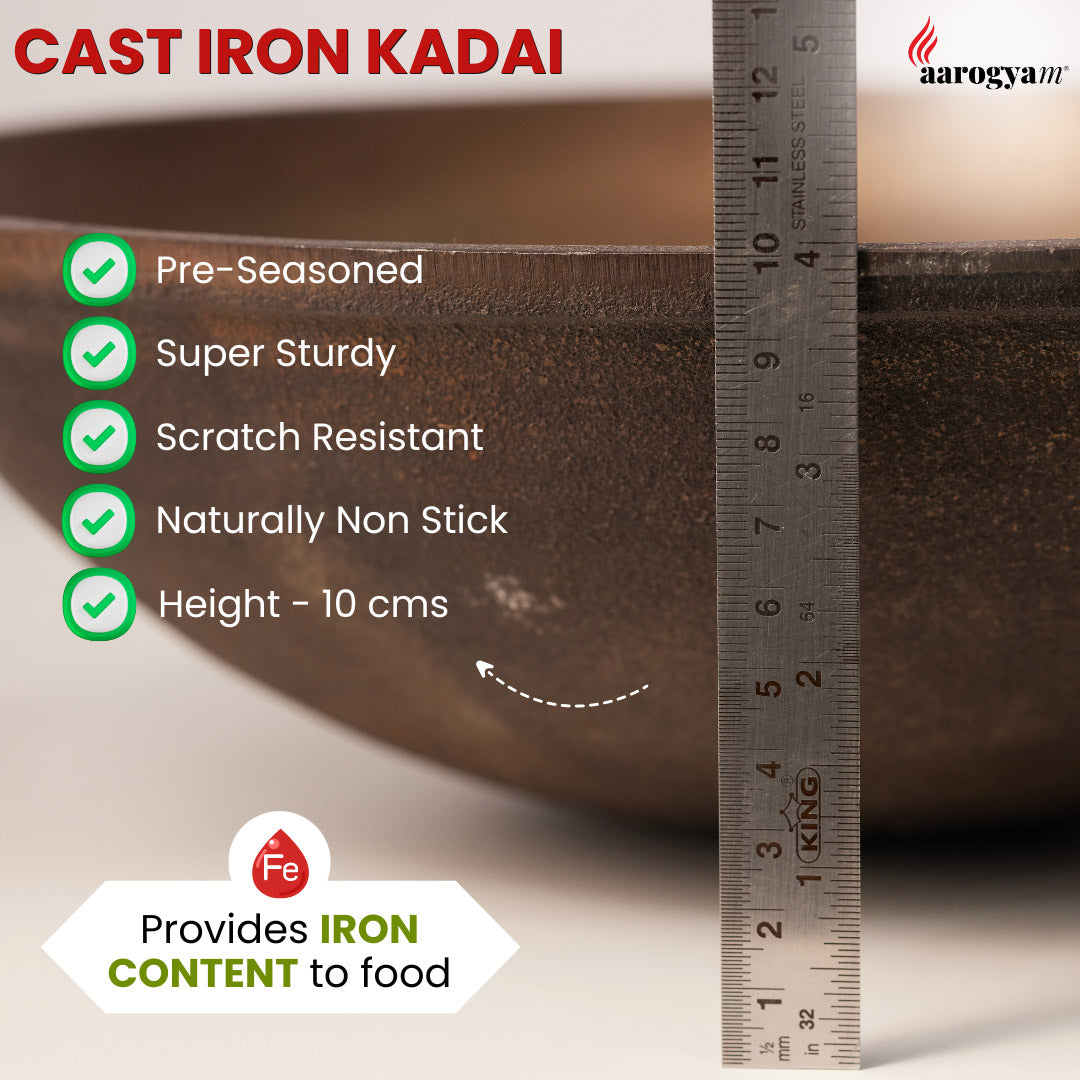 Cast iron kadai with measurement details and Aarogya brand logo.