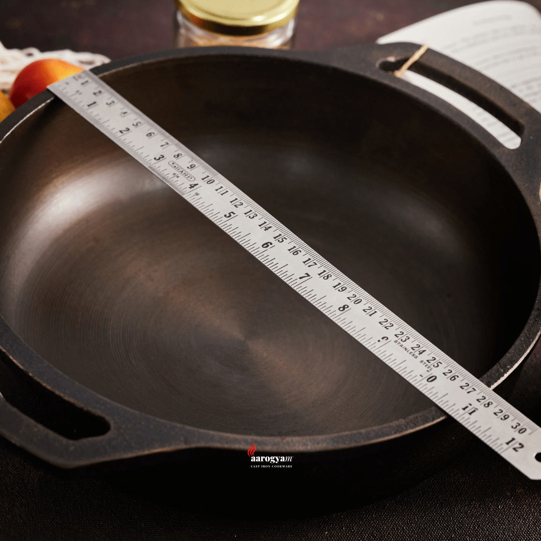 Aarogyam 11 Inch Induction Friendly Pre-seasoned Cast Iron Flat Kadai, Naturally Nonstick, Induction Friendly