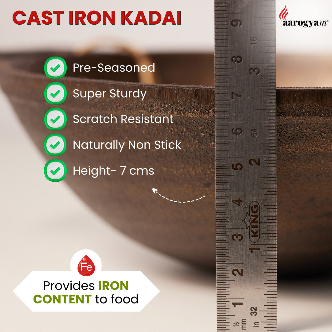Cast iron kadai with measurement details and Aarogya brand logo.