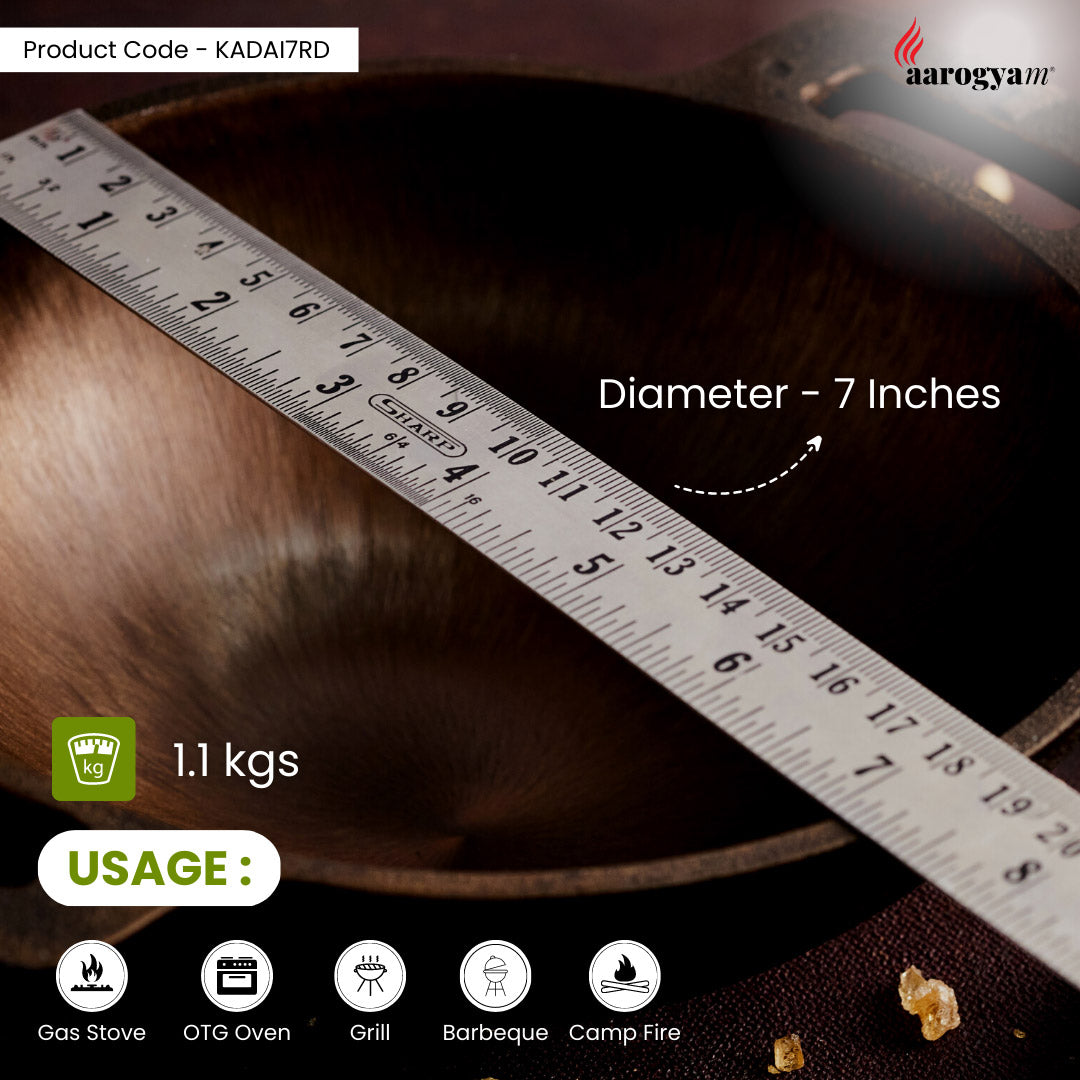 Measurement of a pot's diameter with a ruler, showing 7 inches, on a dark background with 'aarogyan' branding.