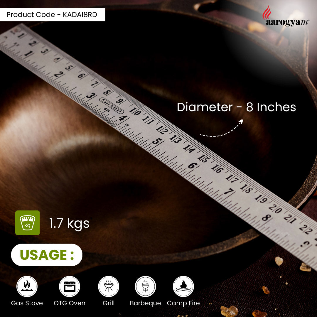 Measurement of a pot's diameter with a ruler, showing 8 inches, on a dark background with 'aarogyan' branding.