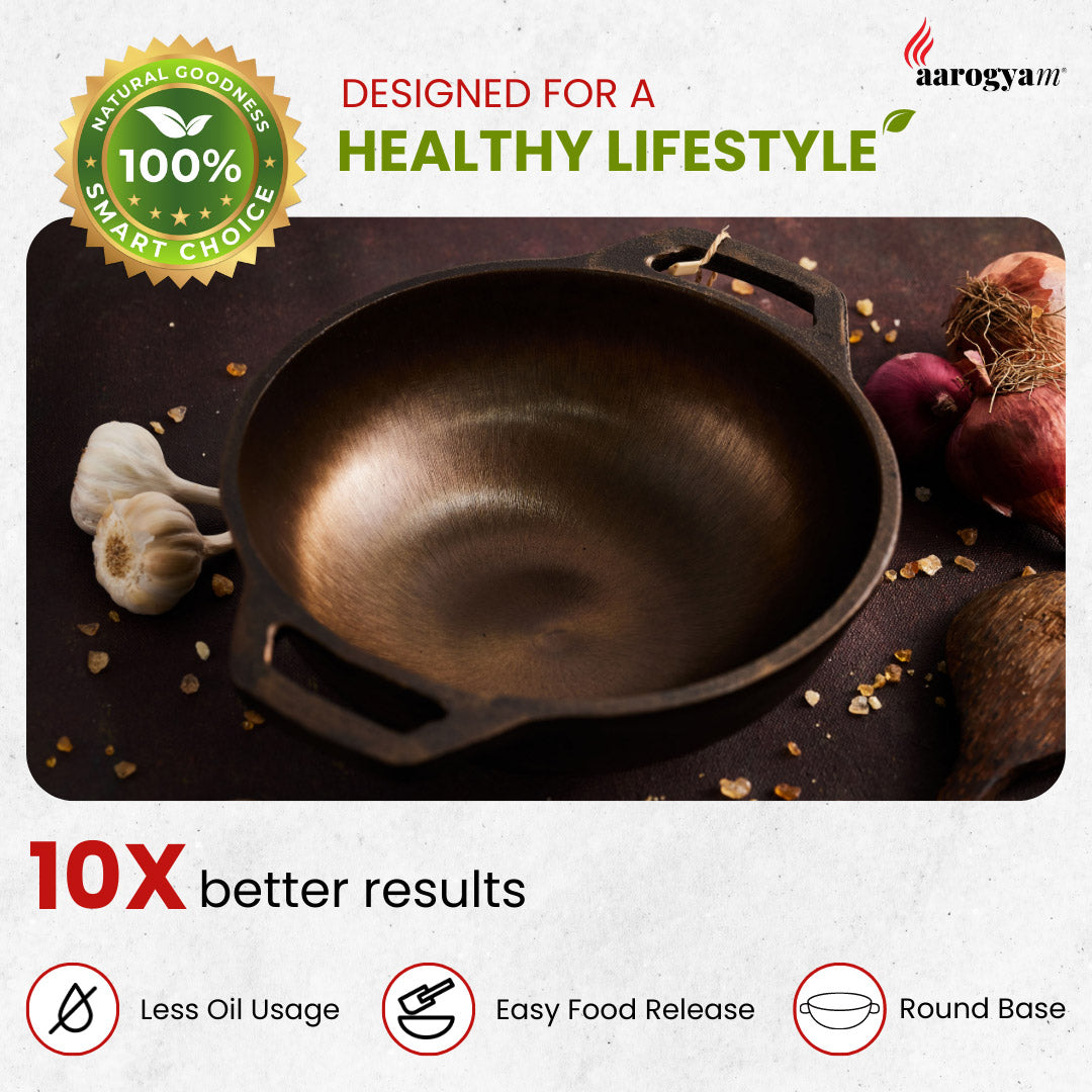 Cast iron skillet with health benefits and Aarogya brand logo on a white background