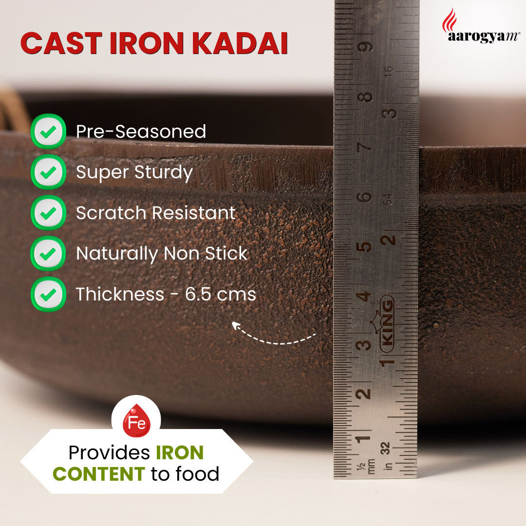 Aarogyam 9 Inch Induction Friendly Pre-seasoned Cast Iron Flat Kadai, Naturally Nonstick, Induction Friendly